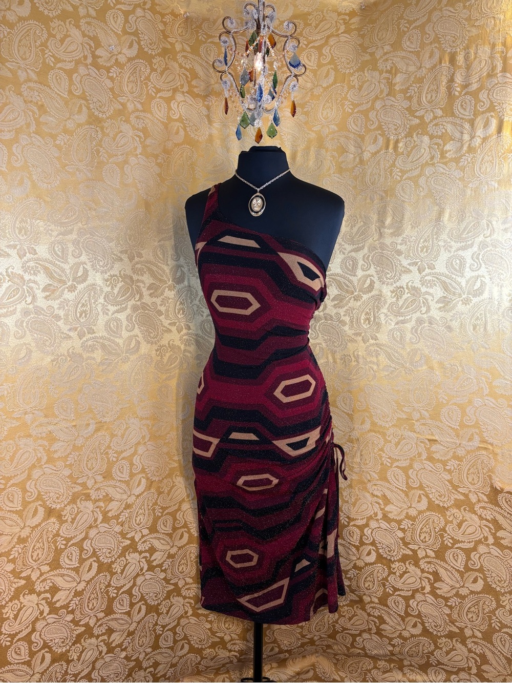 ✨Vintage 90s Glitter Geometric Ruched Single Strap Midi Dress✨